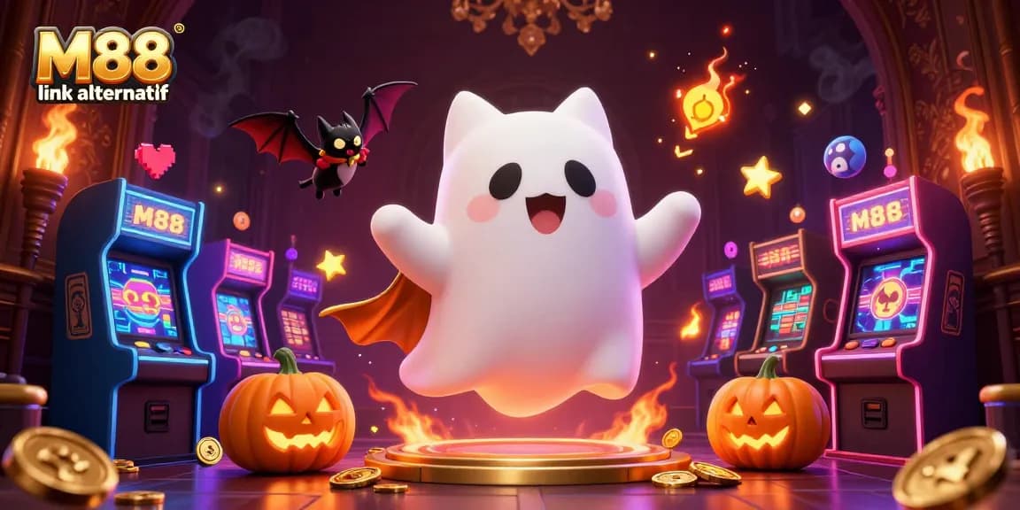 Win with M88 link alternatif featuring a friendly ghost cat and vampire bat amid a vibrant casino scene.