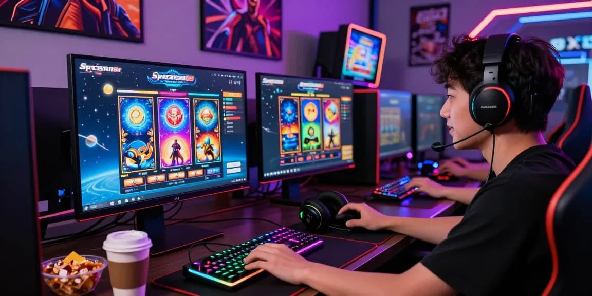 Enthusiastic player enjoying Spaceman online gaming with vibrant graphics and neon lights