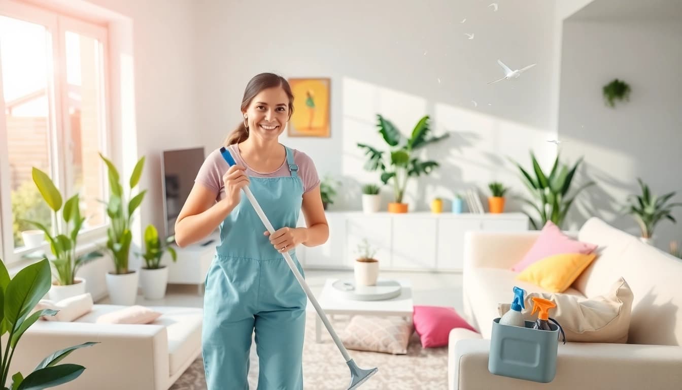 Enhance your space with a professional Cleaning Service showcasing a friendly cleaner in a bright home setting.