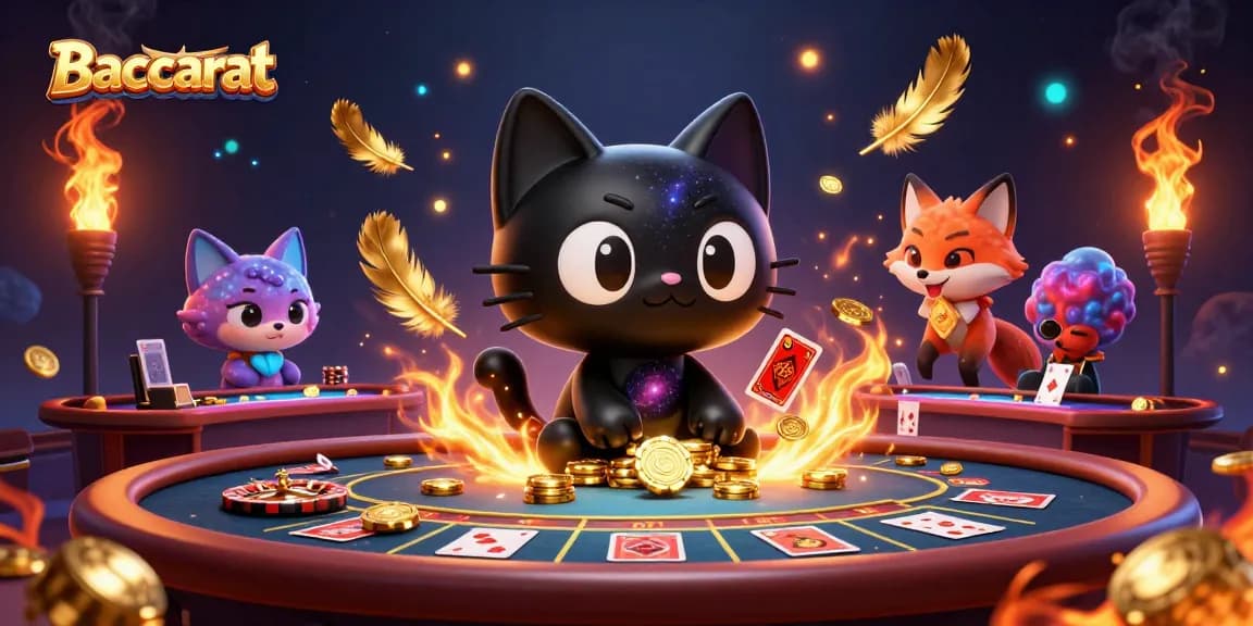 Baccarat game scene featuring a cartoon black hole cat and a nebula fox with casino elements swirling around them.