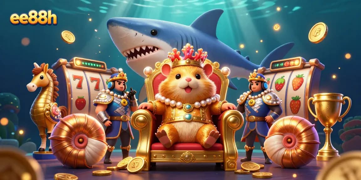 Bet on exciting games with ee88h's captivating 3D illustration showcasing a golden hamster king and vibrant casino elements.