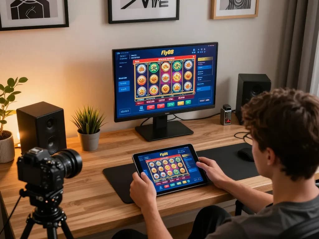 Person playing fly88 online casino on tablet, showcasing vibrant game interface and strategic setup.