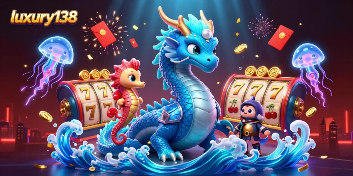 Play luxurious games at luxury138 with vibrant 3D dragon, seahorse knight, and neon jellyfish.