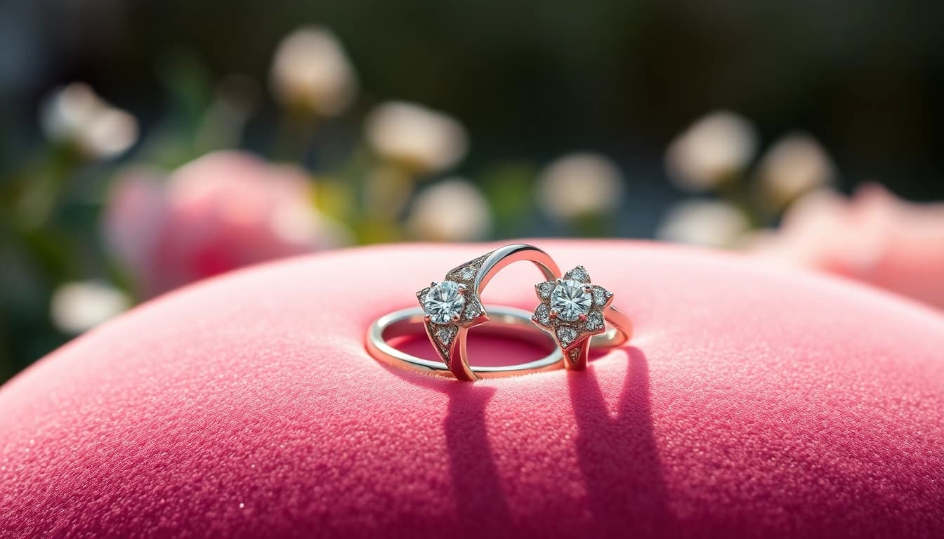 Couple rings beautifully displayed on velvet, showcasing intricate designs and shimmering diamonds.