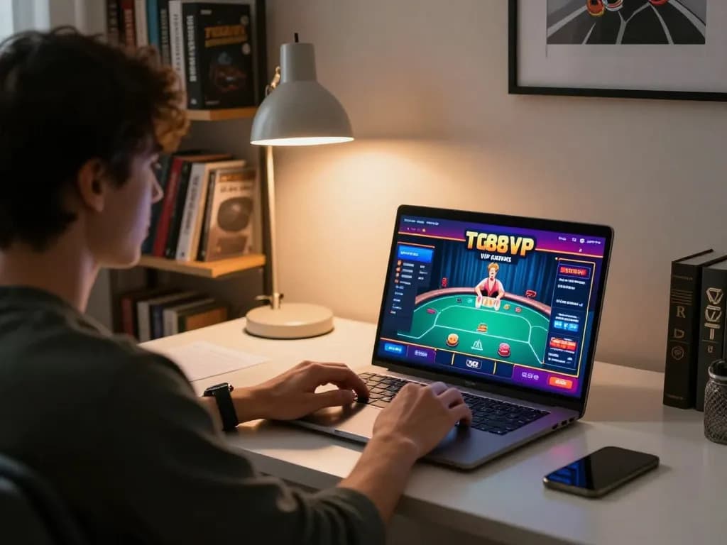 Engaging in TG88 VIP online gaming with a sleek laptop setup, enhancing the gambling experience.