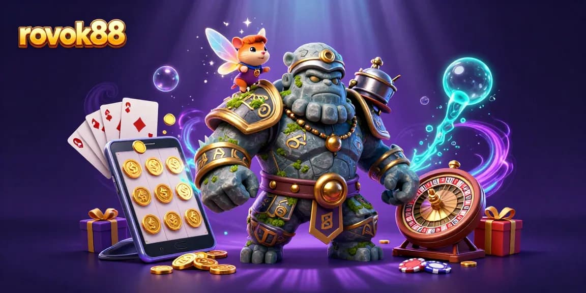 Engage with rokok88 at an immersive casino scene with a dynamic golem and magical elements.