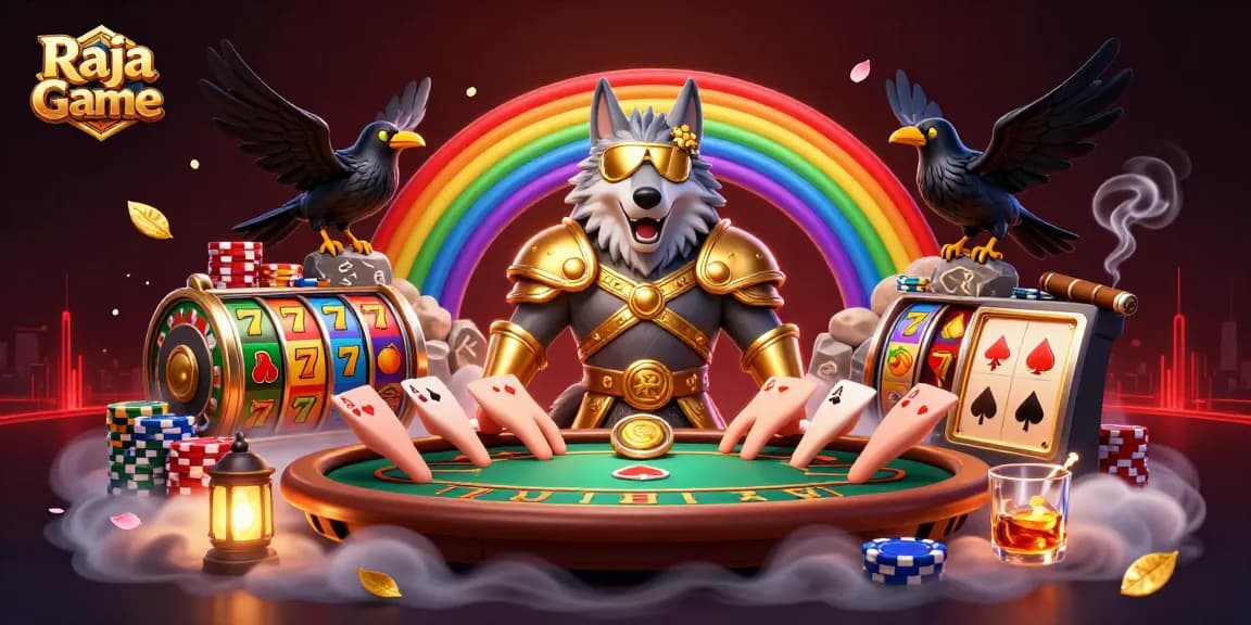 Experience thrilling gameplay with Raja Game's vibrant slot machines, Odin wolf, and radiant casino elements.