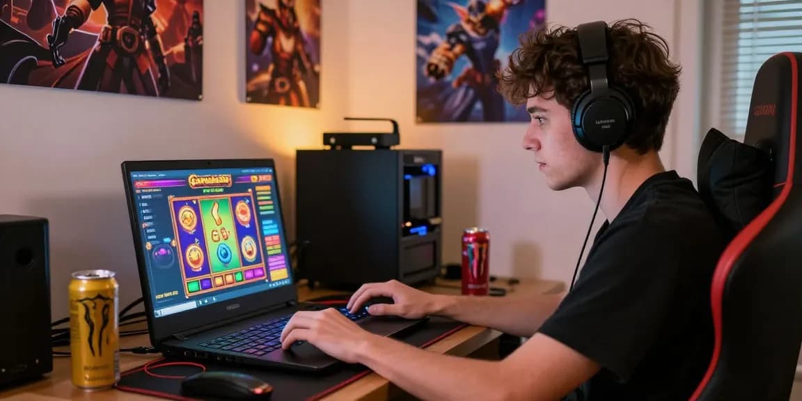 Exciting gaming moment showcasing garuda303 login on laptop with vibrant graphics, cozy home setup and gaming accessories