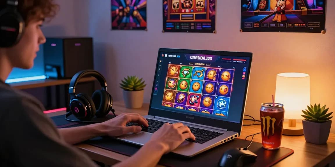 User excitedly logging into garuda303 on a sleek laptop surrounded by colorful slot games and gaming accessories in a cozy nook.