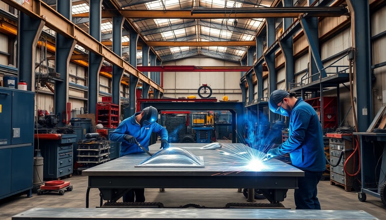 Showcase custom steel fabrication in a busy workshop highlighting skilled craftsmanship.