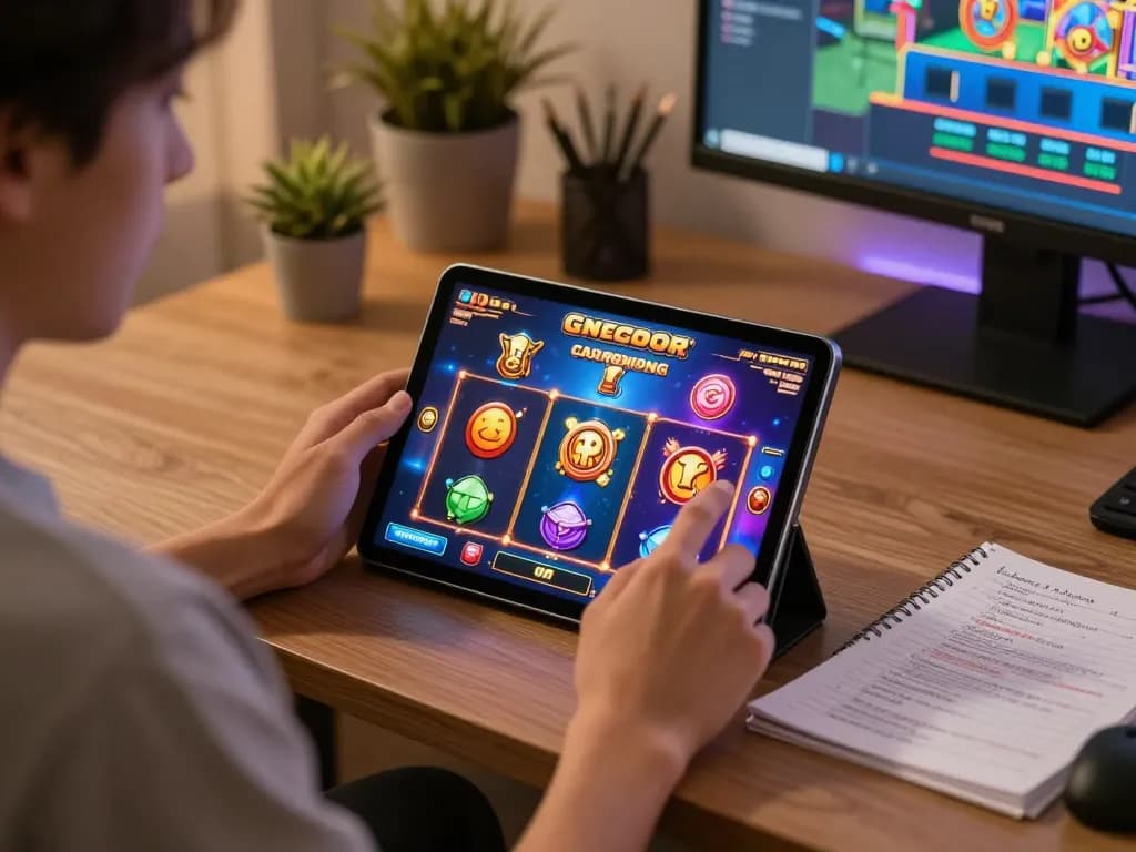 Playing slot gacor on tablet while tracking strategies in a cozy home office setting