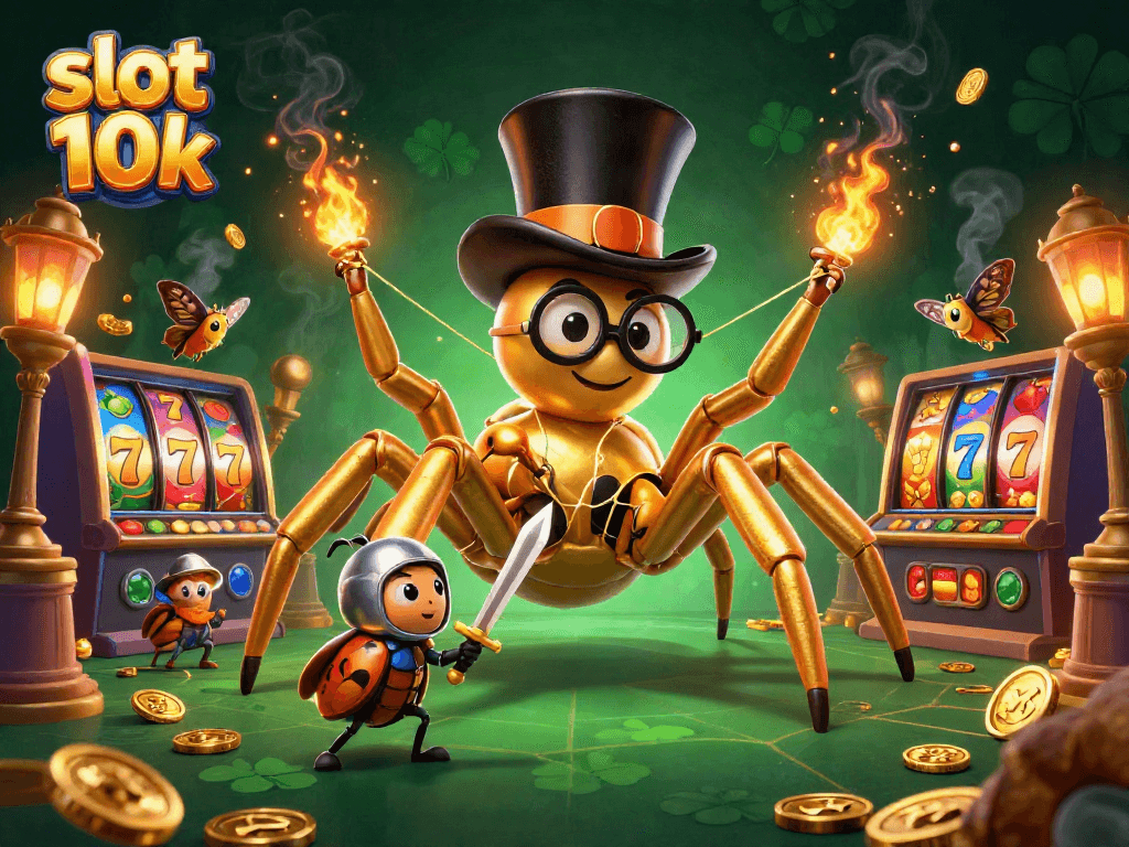 Enjoy thrilling slot 10k action as characters weave golden webs amidst exciting casino elements.
