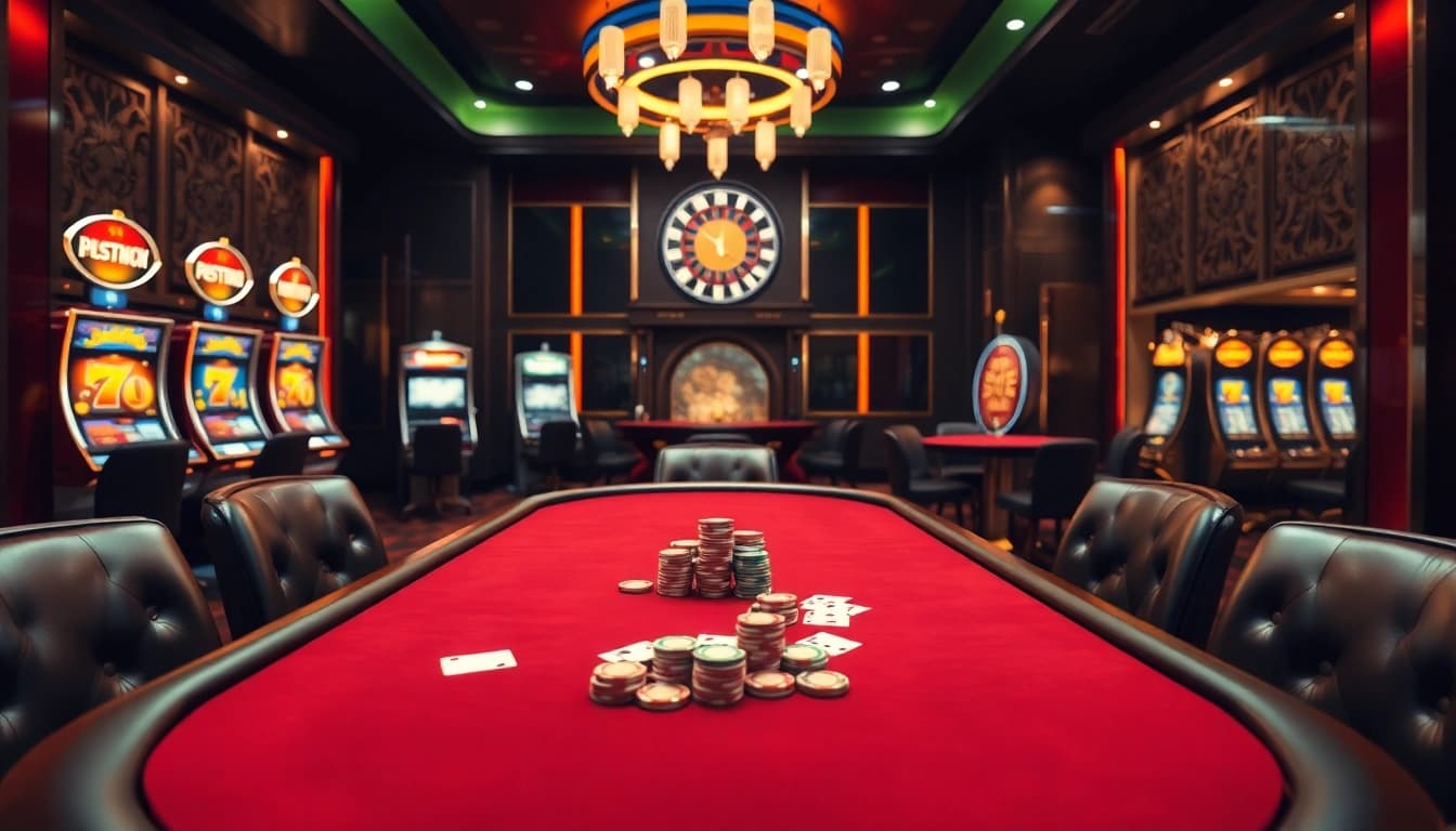 Vivez l'excitation du casino en ligne avec des jetons de poker vibrants et des tables de jeu élégantes dans un cadre luxueux.