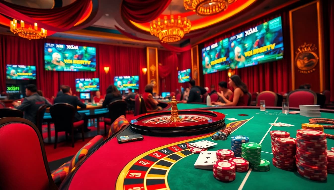 Xôi Xoài TV players strategizing at an opulent casino gaming table with vibrant chips and cards.