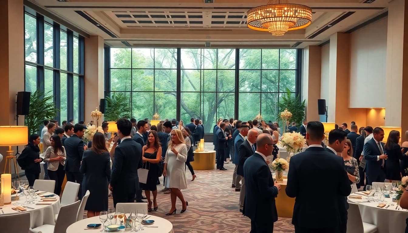 Eventlocation mit eleganter Dekoration und lebhaften Gästen in einem urbanen Raum.