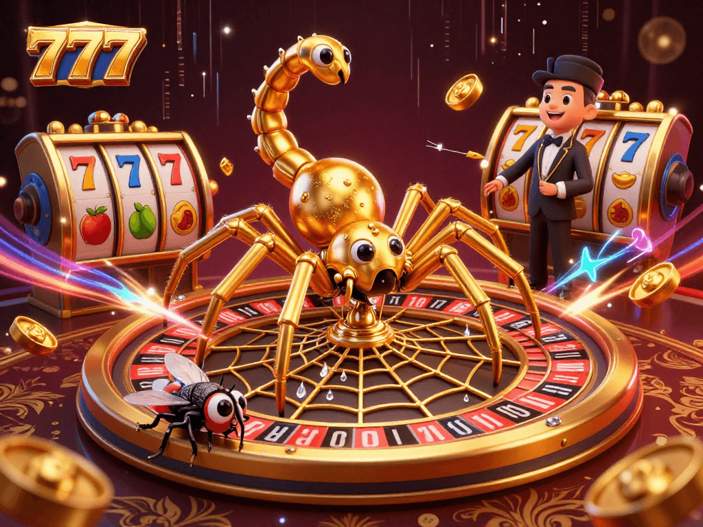 Spin and win with 777 themed slots and vibrant casino elements in an illustrated scene.