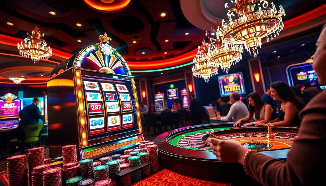 Adegan seru para pemain yang menang di mesin slot Depo 5rb dan meja roulette di kasino mewah.