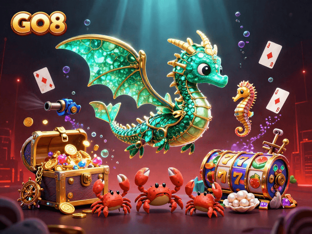 Experience the underwater world of GO8 with vibrant slot reels and treasure, in a captivating casino scene.