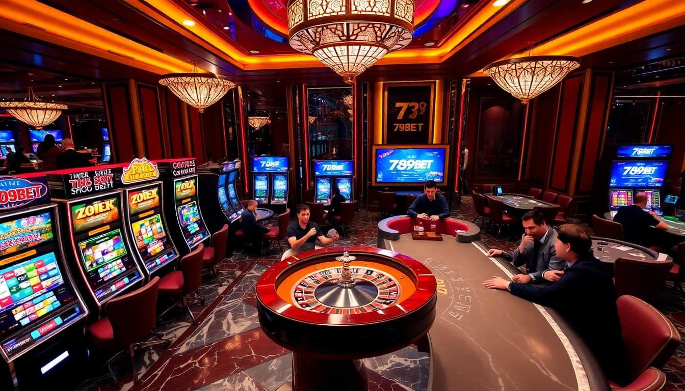 Players enjoy a thrilling game at 789BET's luxurious casino, featuring slot machines and roulette tables.