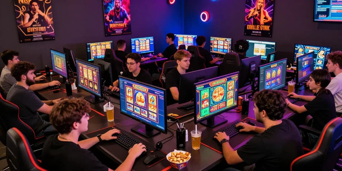 Exciting gaming scene with players engaging in slot depo 1k games, showcasing vibrant graphics and social atmosphere.