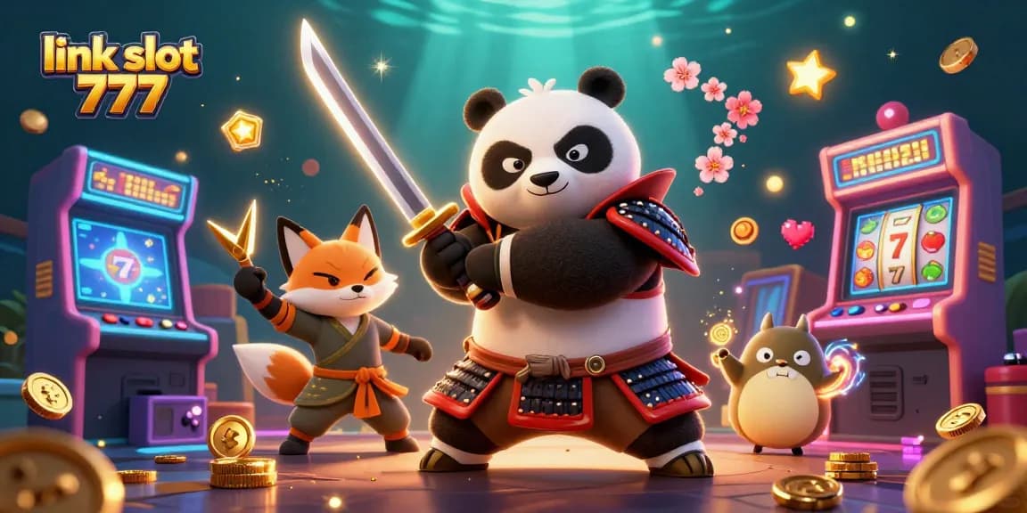 Gambling action with link slot 777 featuring samurai panda and ninja fox in a dynamic casino setting.