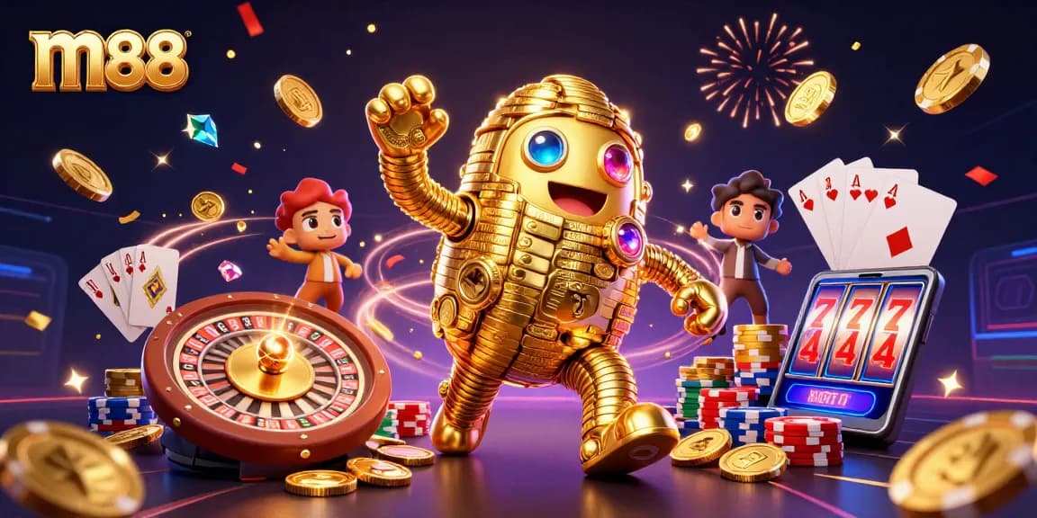 Spin and win with m88's dazzling casino elements featuring the golden golem and thrilling gaming action.
