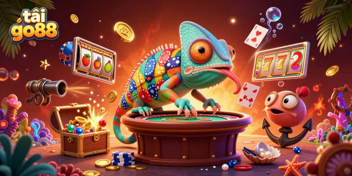 Engage with tải go88 in an exciting casino setting featuring a colorful chameleon character amidst vibrant game elements