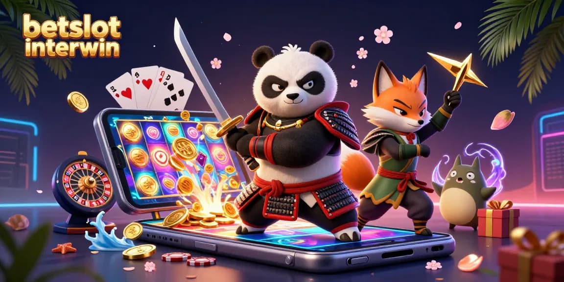 Win big with betslot interwin featuring a dynamic 3D scene of characters and casino game elements.