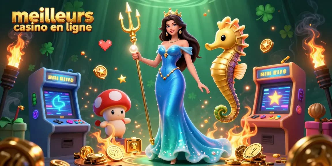 Découvrez la scène enchanteresse des meilleurs casinos en ligne avec une perle brillante et un roi hippocampe brandissant un trident.