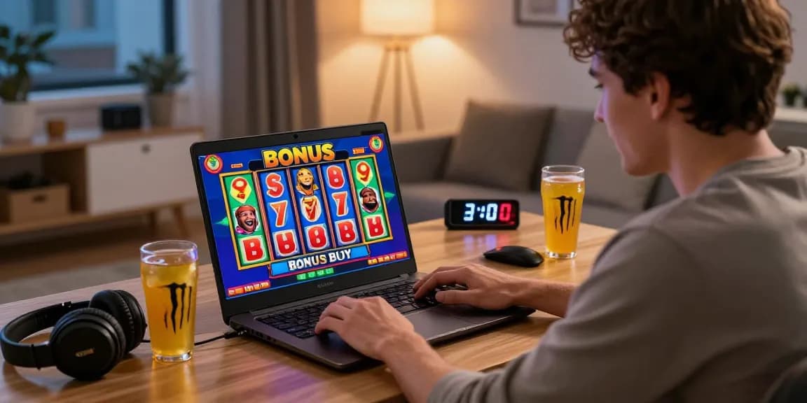 Player enjoying Bonus Buy slots at home on https://aboutderbyshire.co.uk with lively graphics and cozy atmosphere.