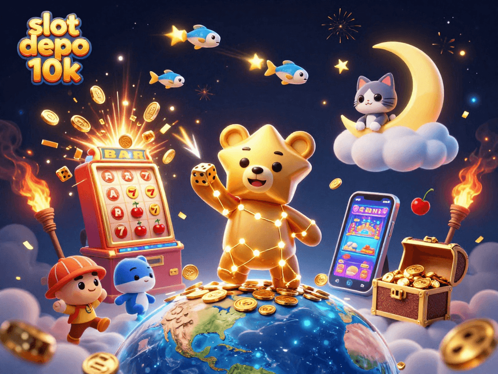 Menangkan jackpot dengan slot depo 10k yang penuh koin emas dan karakter ceria dalam suasana kasino.