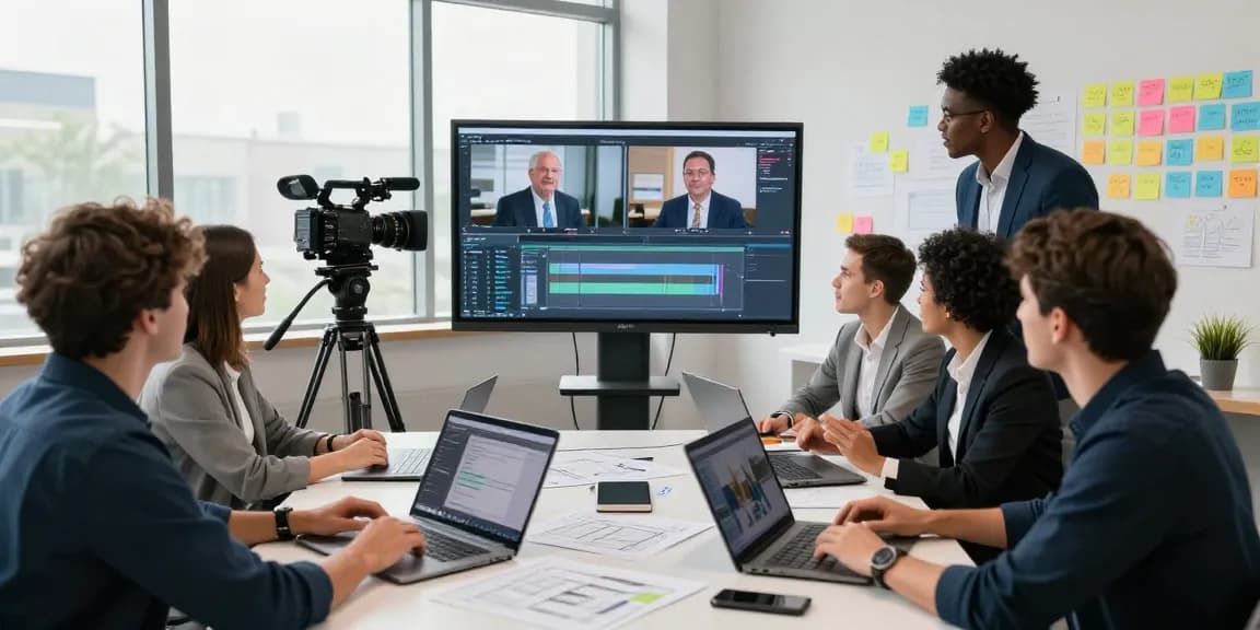Creative team collaborating on Corporate Videography Singapore project in modern studio