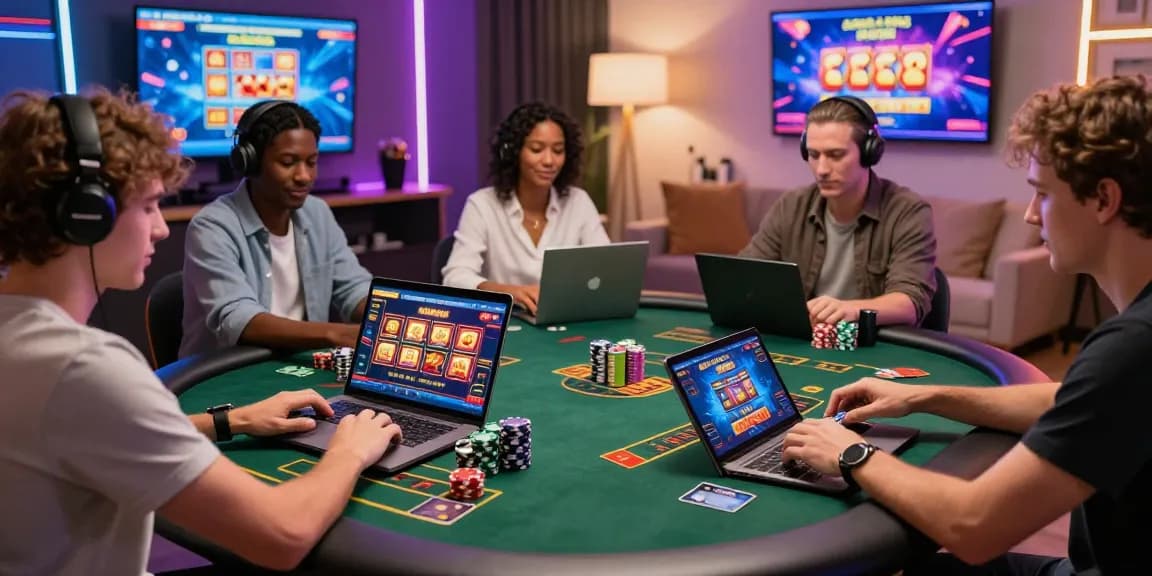Exciting scene at a credit card casino with players enjoying games on sleek devices, vibrant atmosphere and engaging promotions.