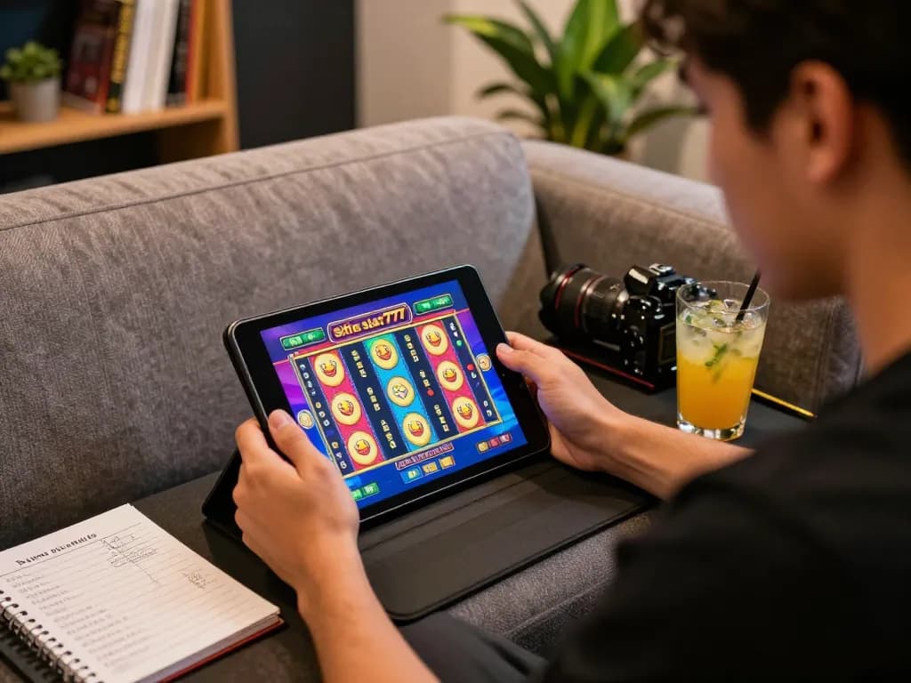 Player enjoying situs slot777 mobile gaming on tablet with betting strategy notes alongside.