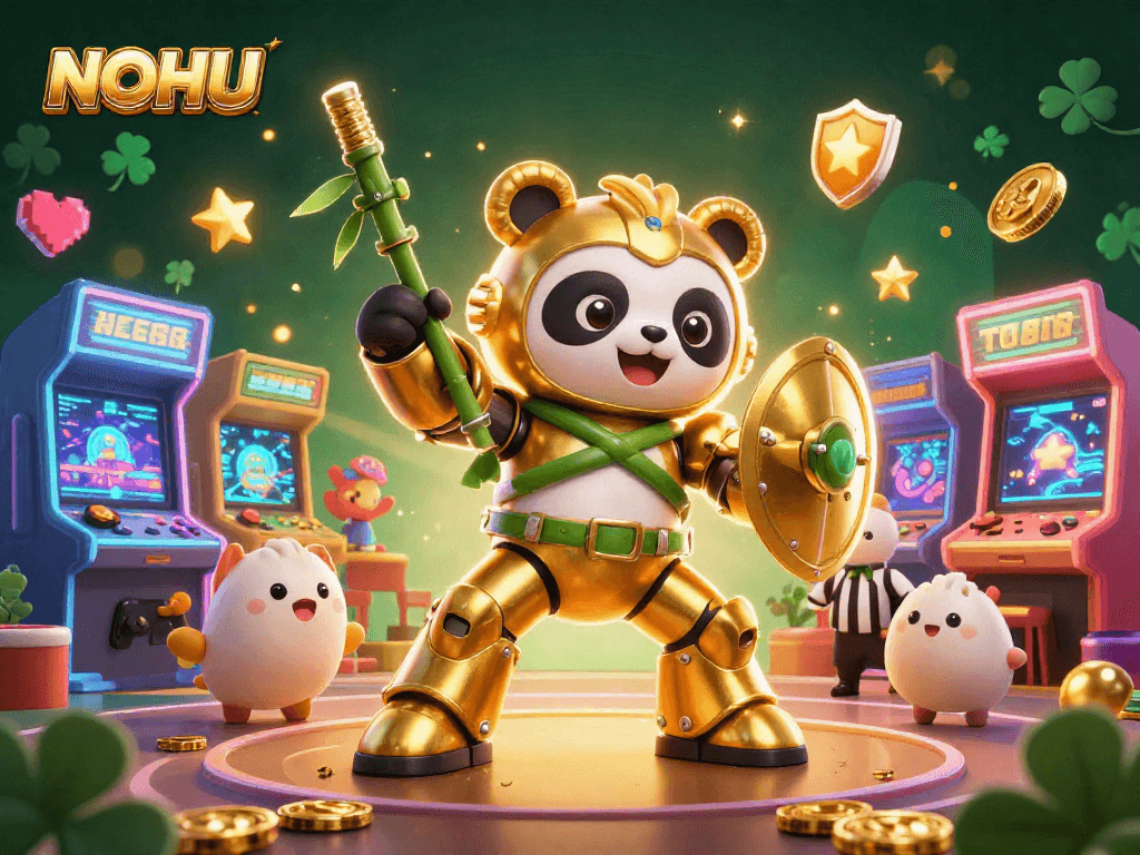 Engage in thrilling games at NOHU with a vibrant 3D panda and arcade elements.