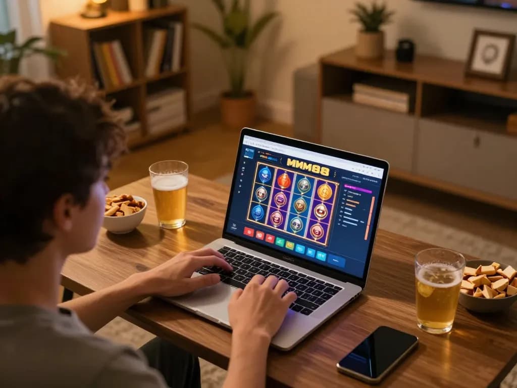 Engaging gameplay experience at Website MM88 featuring a player using a laptop at home.
