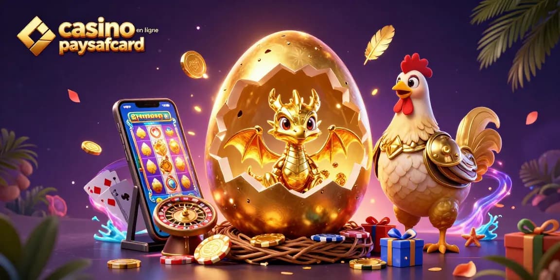 Célébrez le jeu dans un casino en ligne paysafecard avec un dragon doré entouré de jetons de poker et de jeux en direct.