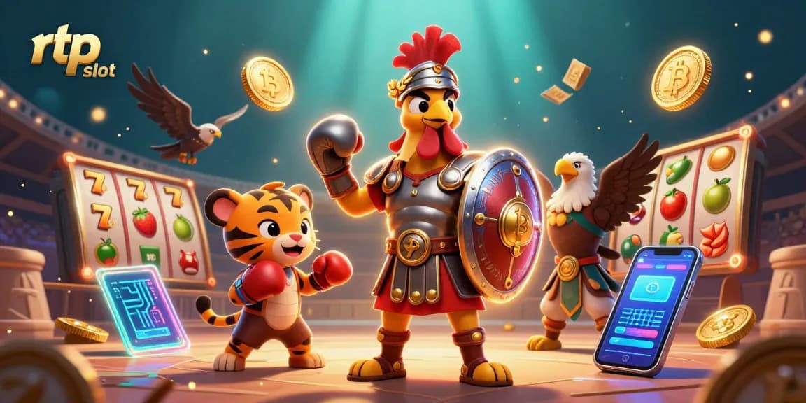 Engage with rtp slot excitement through a vibrant 3D illustration showcasing slot reels and crypto elements.