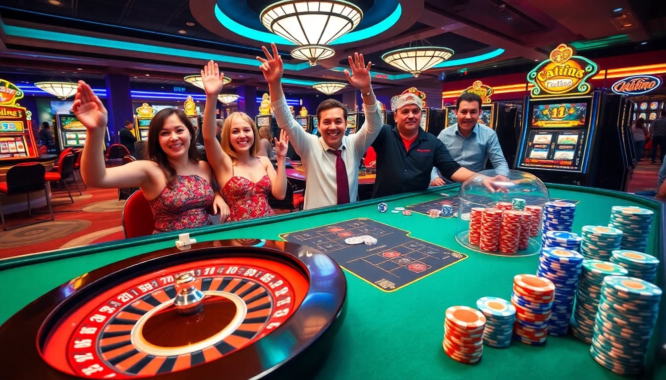 A lively casino scene with happy players at tables featuring cards and roulette wheels, emphasizing the excitement of KJC AC gaming.