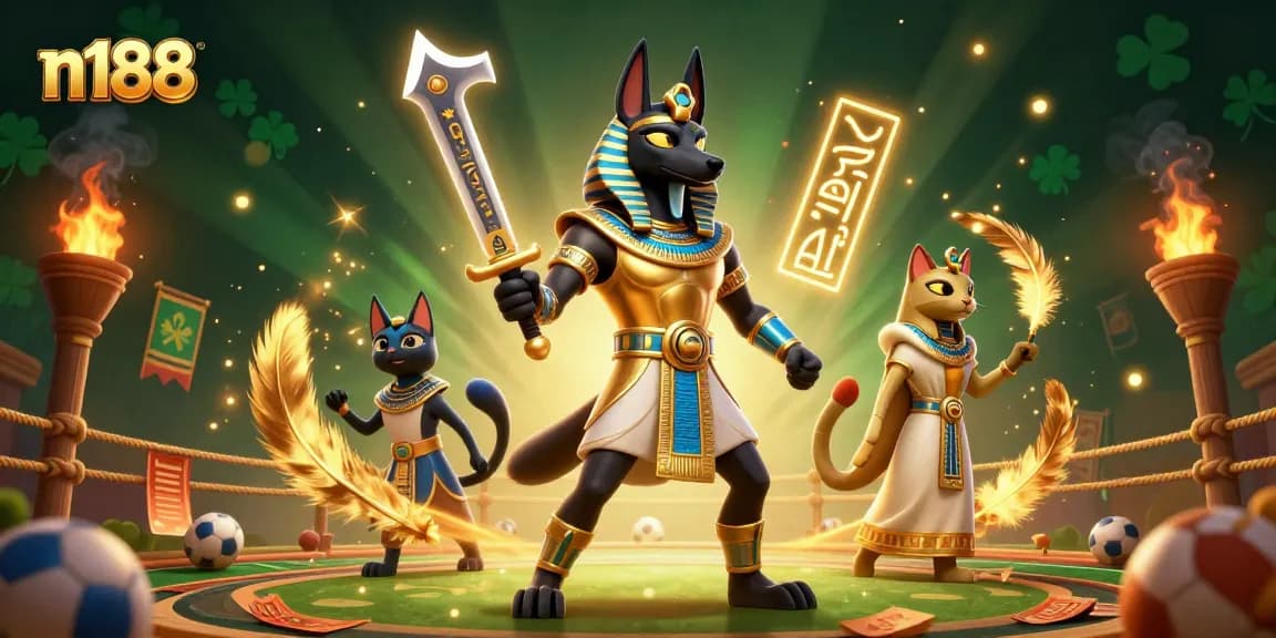 N188 sports warriors engage in betting excitement with golden symbols and glowing hieroglyphs, filled with energy.