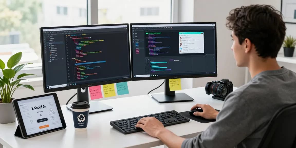 Developer engaging with kobold ai in modern workspace with coding monitors and innovative tech.