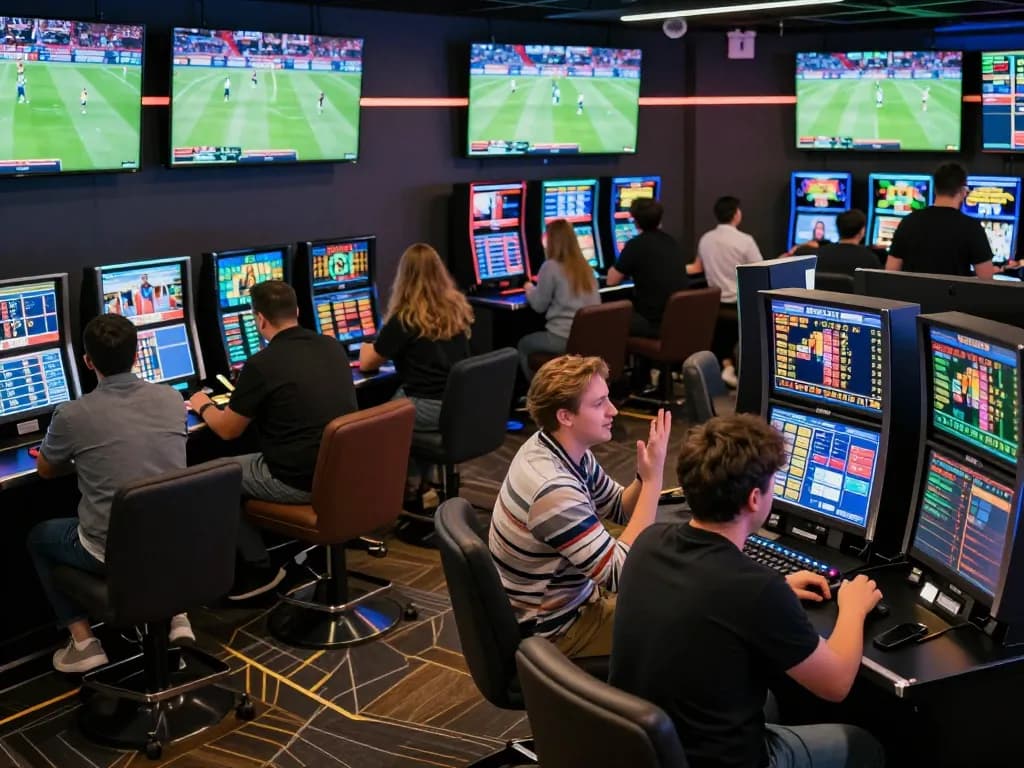 Placing bets with bookmakers stranieri in a lively sports betting venue, showing dynamic betting action and engaged participants
