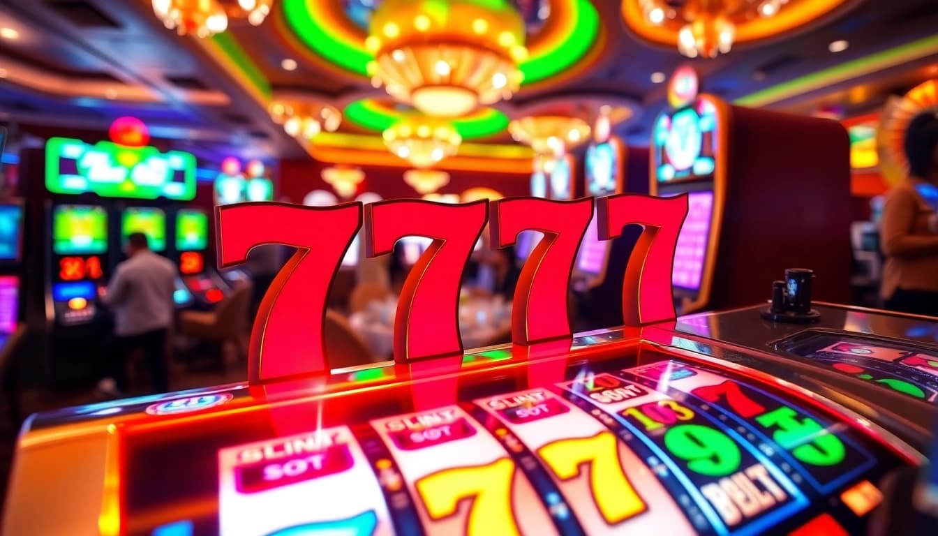 Slot 777 menarik perhatian dengan simbol berkilau dan pemain antusias di kasino.