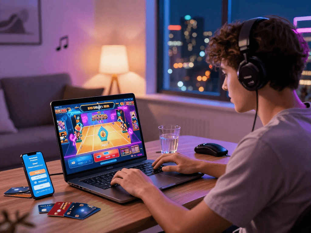 Exciting scene of a player enjoying online credit card casinos with vibrant game graphics.