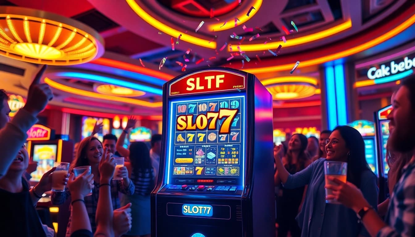 Mainkan Slot77 yang menarik di mesin permainan kasino yang ramai.