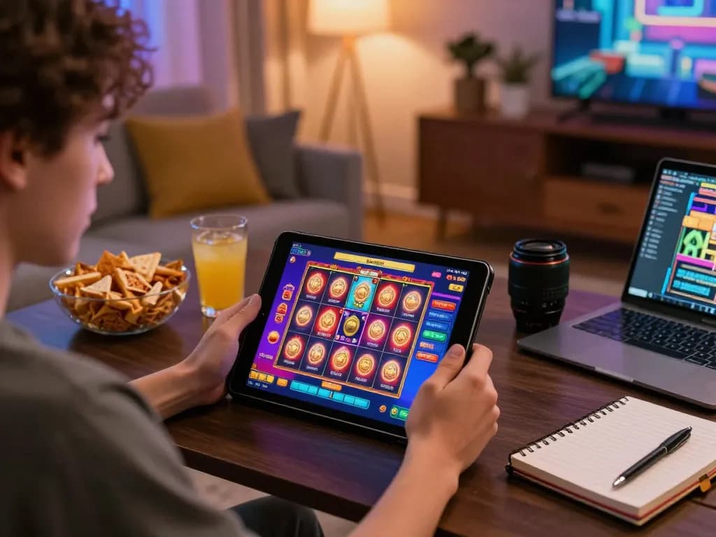 Engaging moment while playing download apk slot bet 50 perak on a tablet in a cozy home setup.