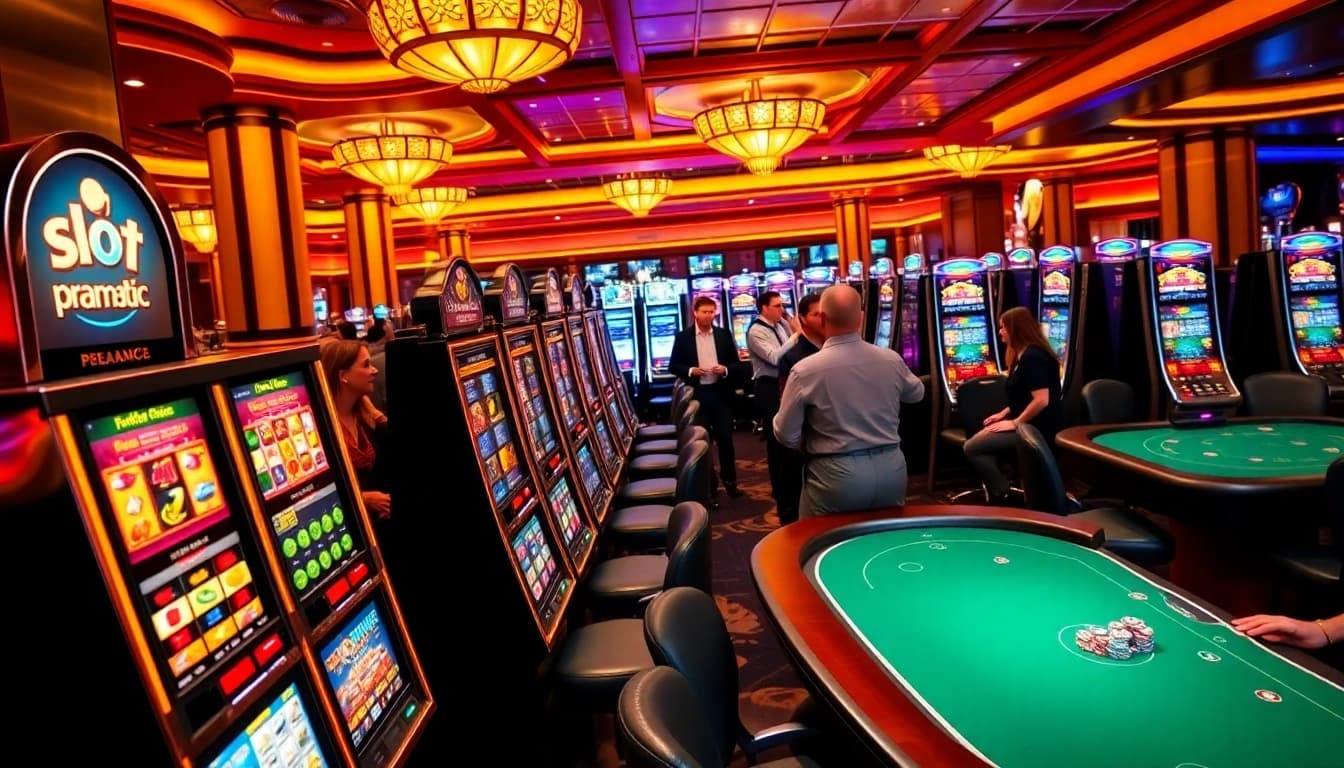 Excited players engaging with slot pragmatic machines in a vibrant casino atmosphere.