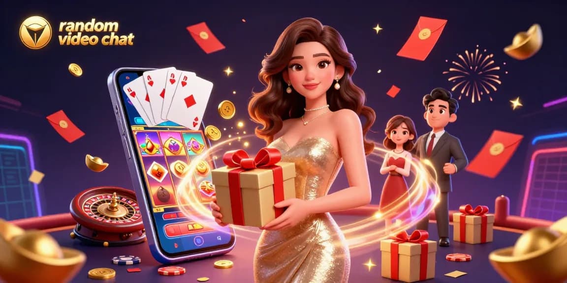 Engage in random video chat through vibrant animated characters celebrating in a casino-themed environment.