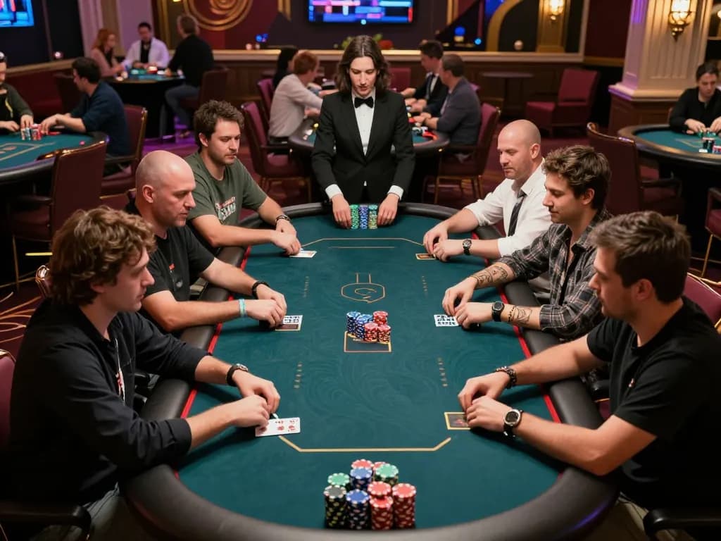 Players immersed in a strategic poker match at a luxurious casino, highlighting sunwinapk gaming excitement