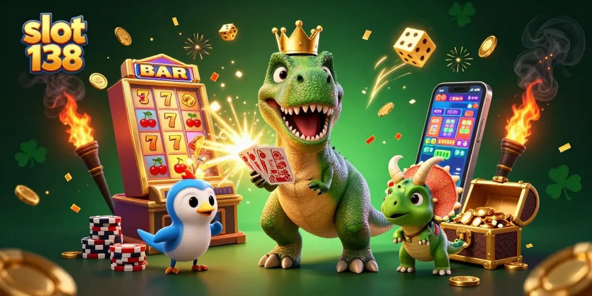 Experience the excitement of slot 138 with vibrant casino characters in a dynamic illustration.